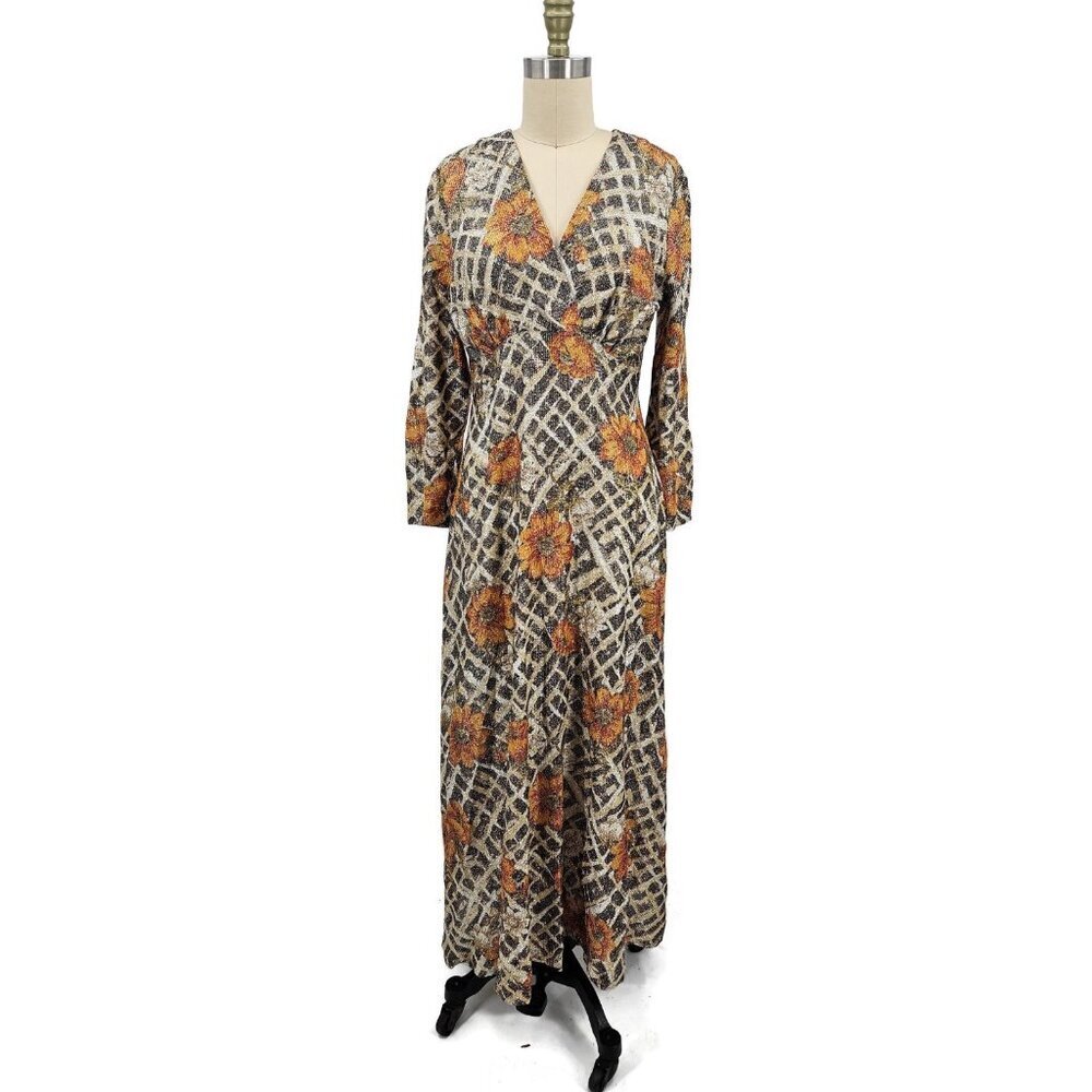 Vtg Avalon Classic Sheer Floral Maxi Dress Womens 16 V Neck Metallic Long Sleeve